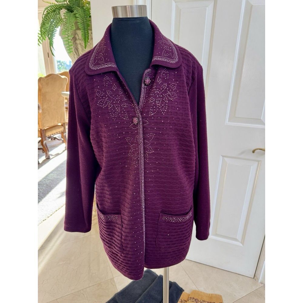 Embellished Cardigan Long | Women XXXL/ Fits XL Maroon Floral Button Up Crystal